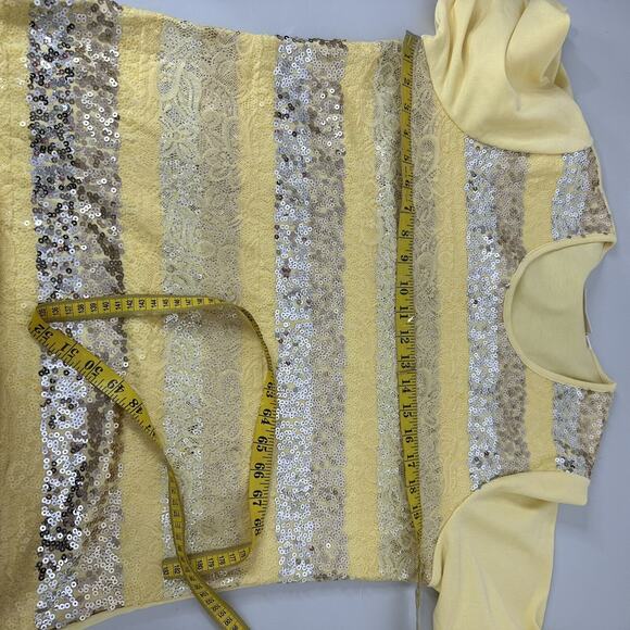 Quacker Factory Top Shirt Womens Large Yellow Sequin Stripe Basic Shiny Glam - Picture 10 of 13